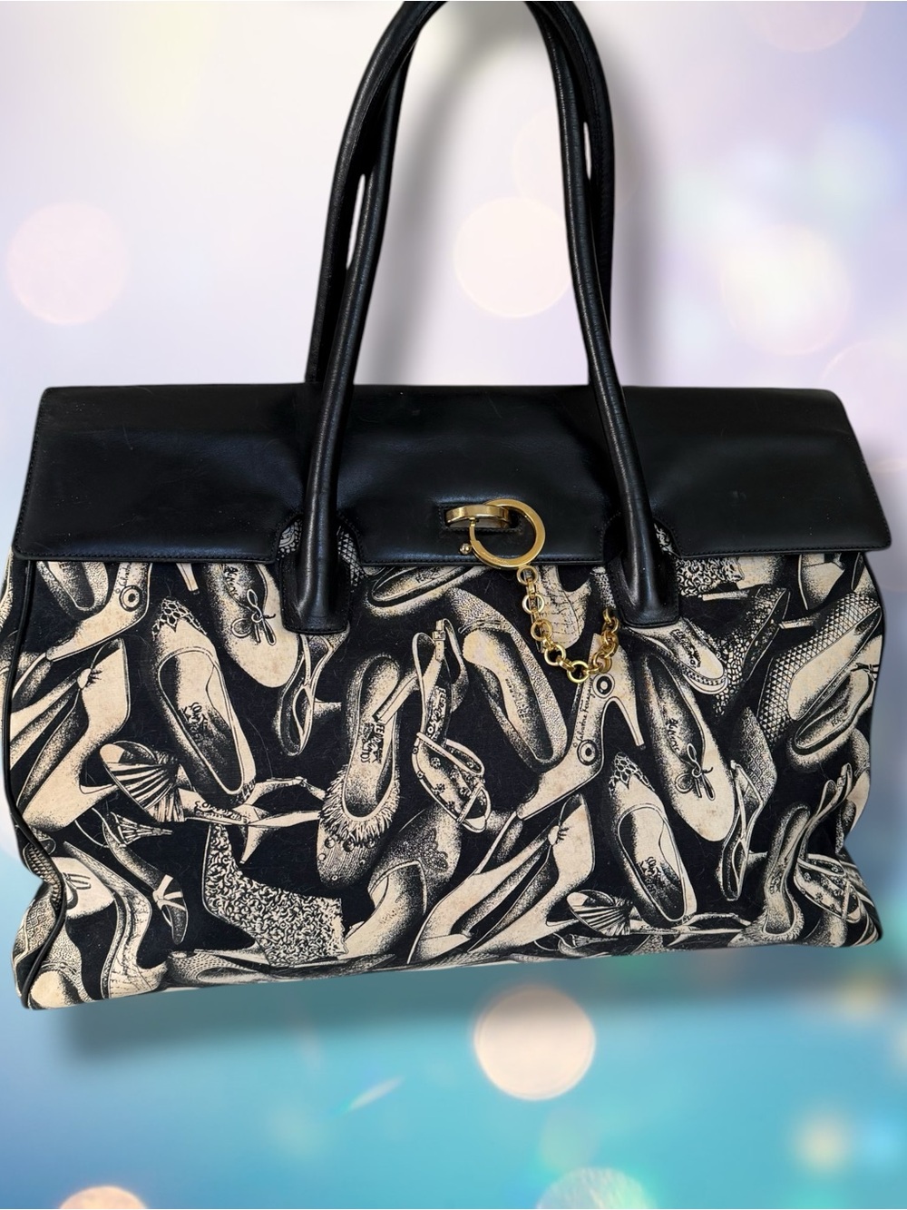 Salvatore Ferragamo Black and Cream Shoe-Print Travel Tote with Gold Hardware - Picture 3 of 15